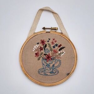 Floral Embroidery Wooden Hoop Hanging Life Is Better w Tea Primitives by Kathy